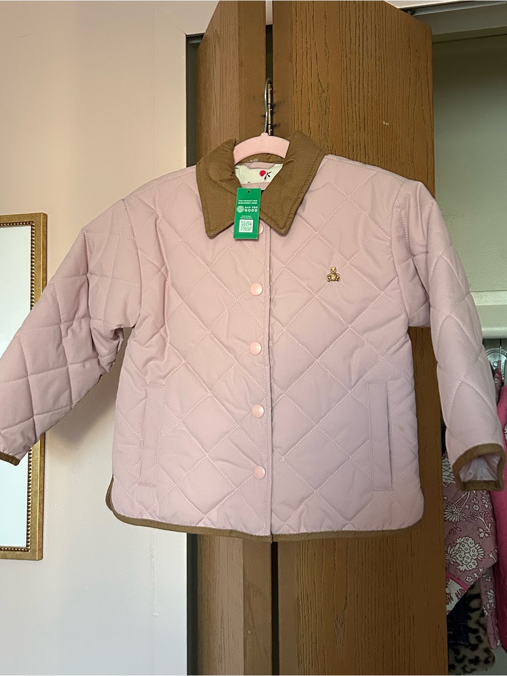 GAP Quilted Light Pink Puffer Jacket with Tan Collar